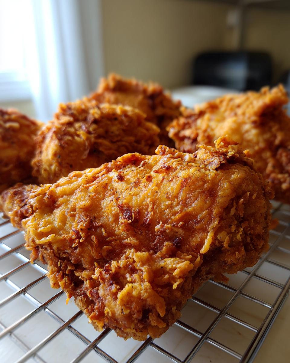 Close-up of crispy, golden brown fried chicken pieces resting on a wire cooling rack.
