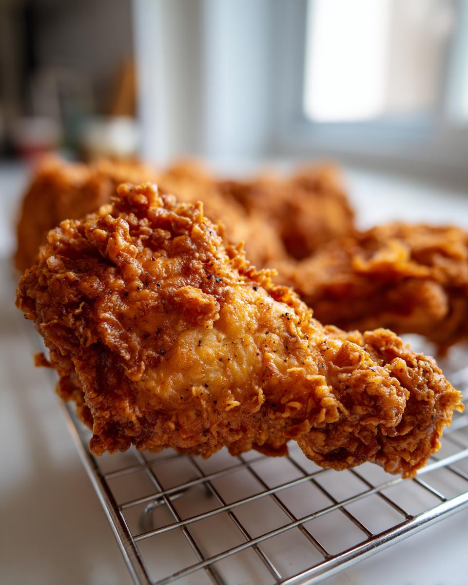Close-up of a perfectly cooked, crispy piece of fried chicken resting on a wire cooling rack.