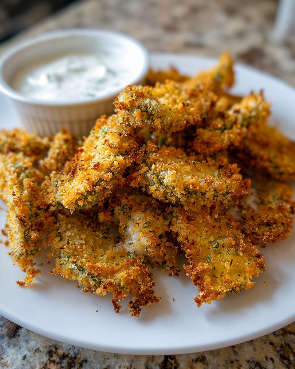 A plate of golden brown, crispy Fried Pickles served with a side of creamy dill dipping sauce.