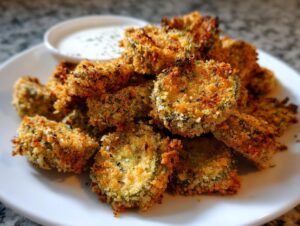 A pile of golden brown, crispy Fried Pickles served on a white plate with a small bowl of ranch dipping sauce.