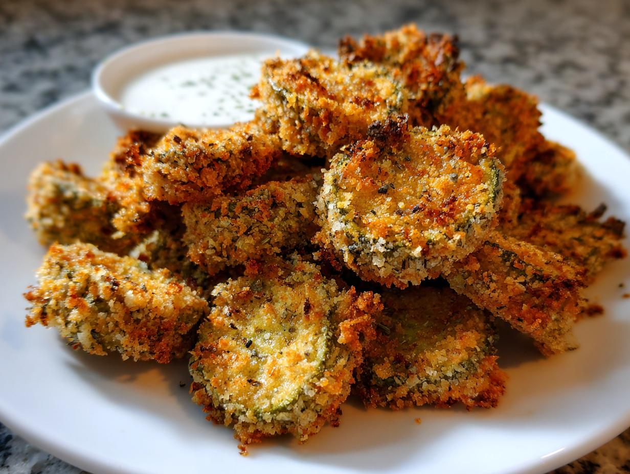 A pile of golden brown, crispy Fried Pickles served on a white plate with a small bowl of ranch dipping sauce.