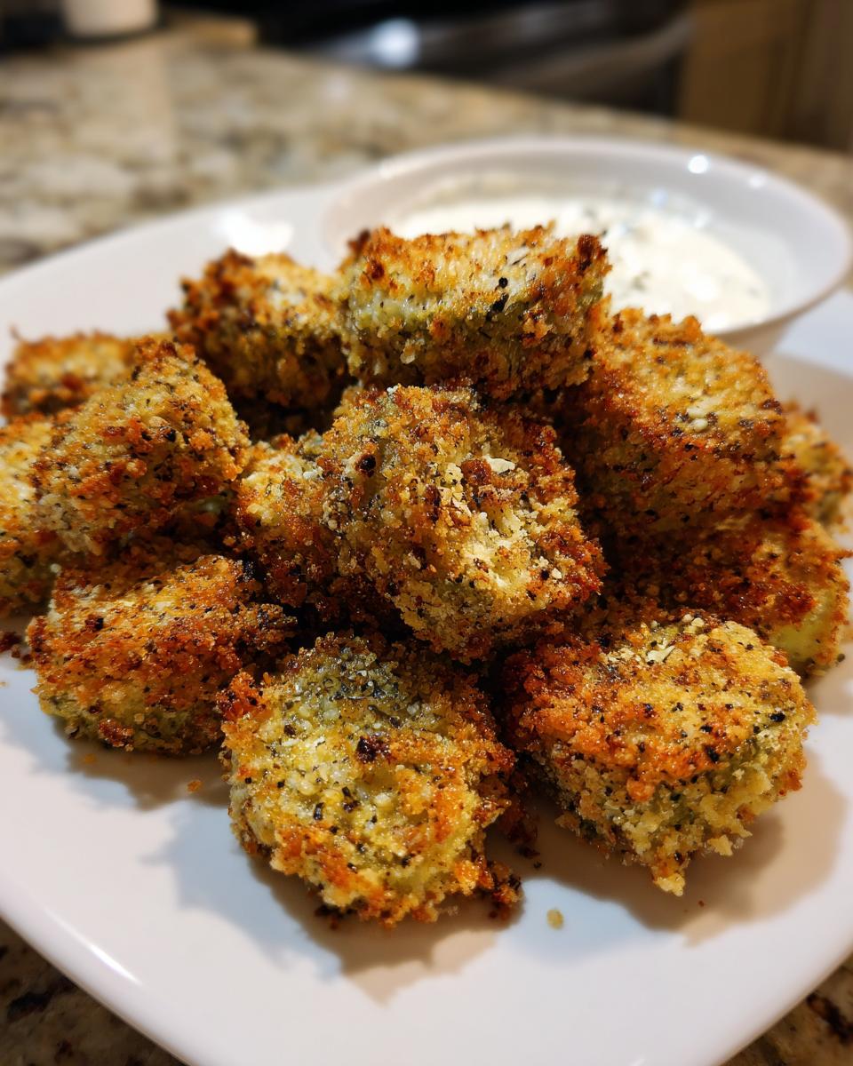 A pile of golden brown, crispy Fried Pickles served on a white plate next to a small bowl of white dipping sauce.