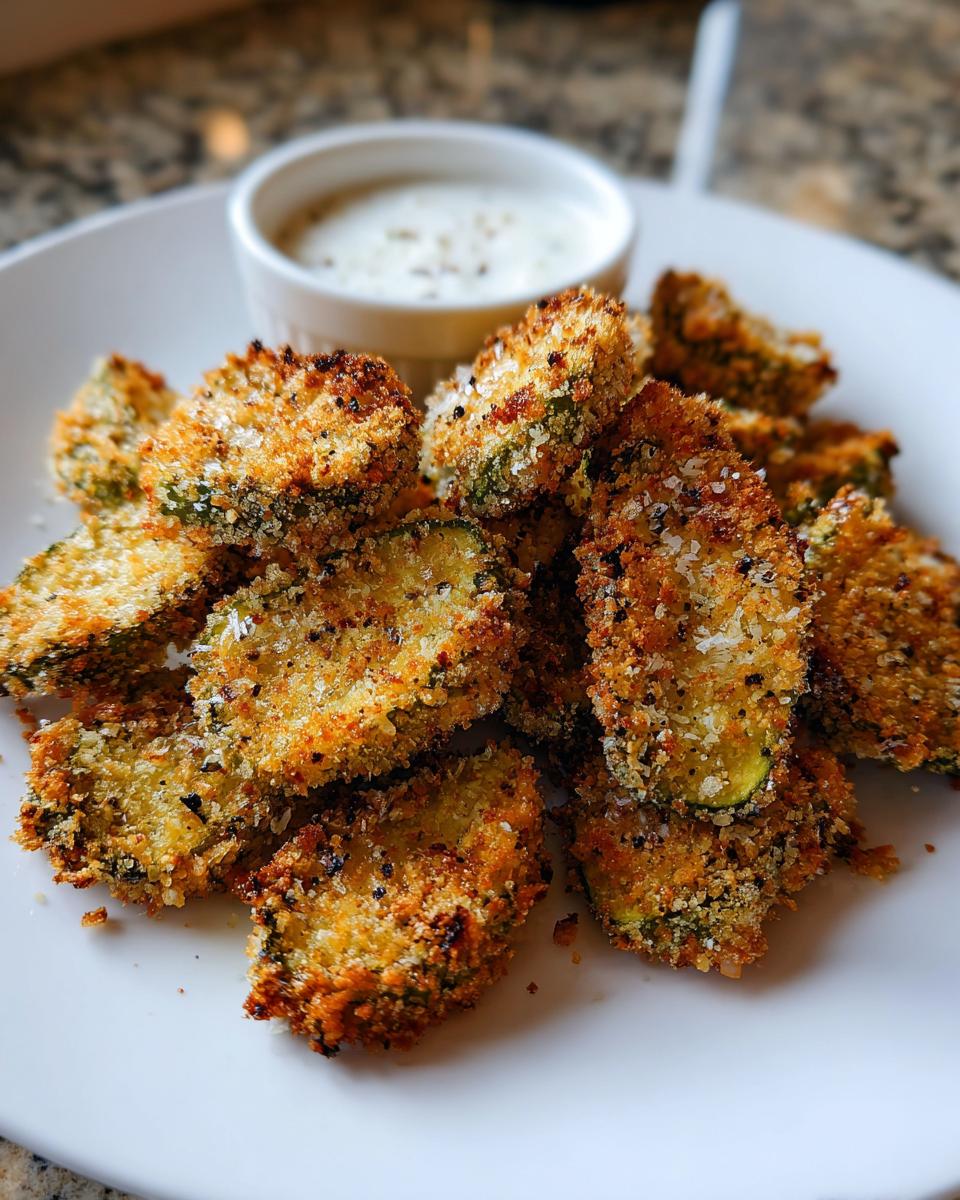 A pile of golden brown, crispy Fried Pickles served on a white plate with a small cup of creamy dipping sauce.