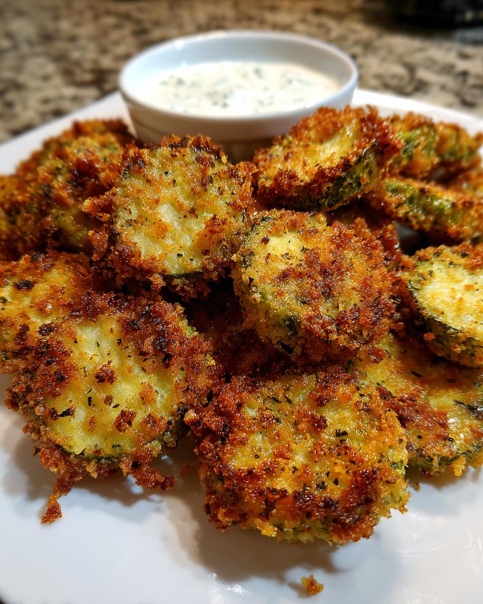 A plate piled high with golden brown, crispy Fried Pickles served with a small bowl of creamy dipping sauce.