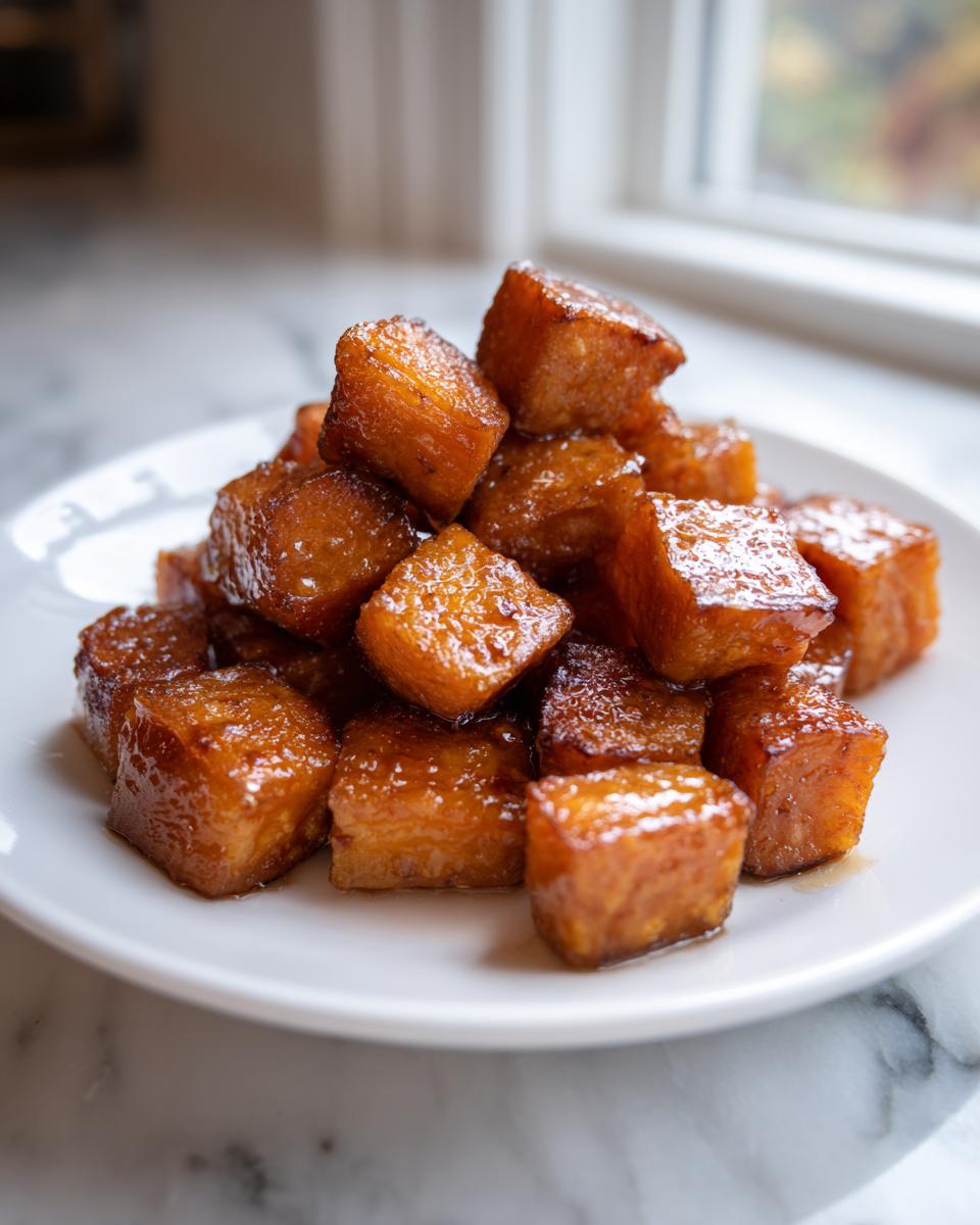 Close-up of perfectly roasted and glazed sweet potatoes cubes piled high on a white plate.