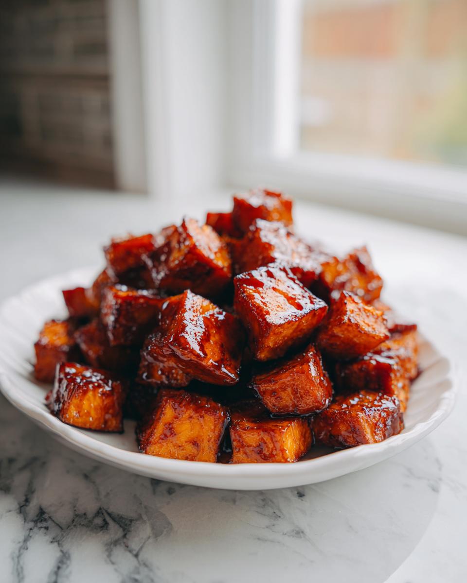 Close-up of perfectly roasted and glazed sweet potatoes cubes piled high on a white plate.