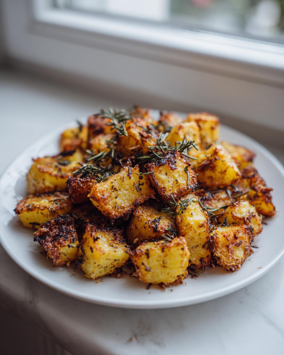 A close-up of perfectly crispy, golden roasted potatoes seasoned with herbs on a white plate.