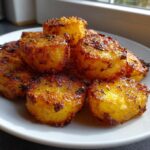 A pile of golden brown, crispy roasted potatoes seasoned with herbs on a white plate.
