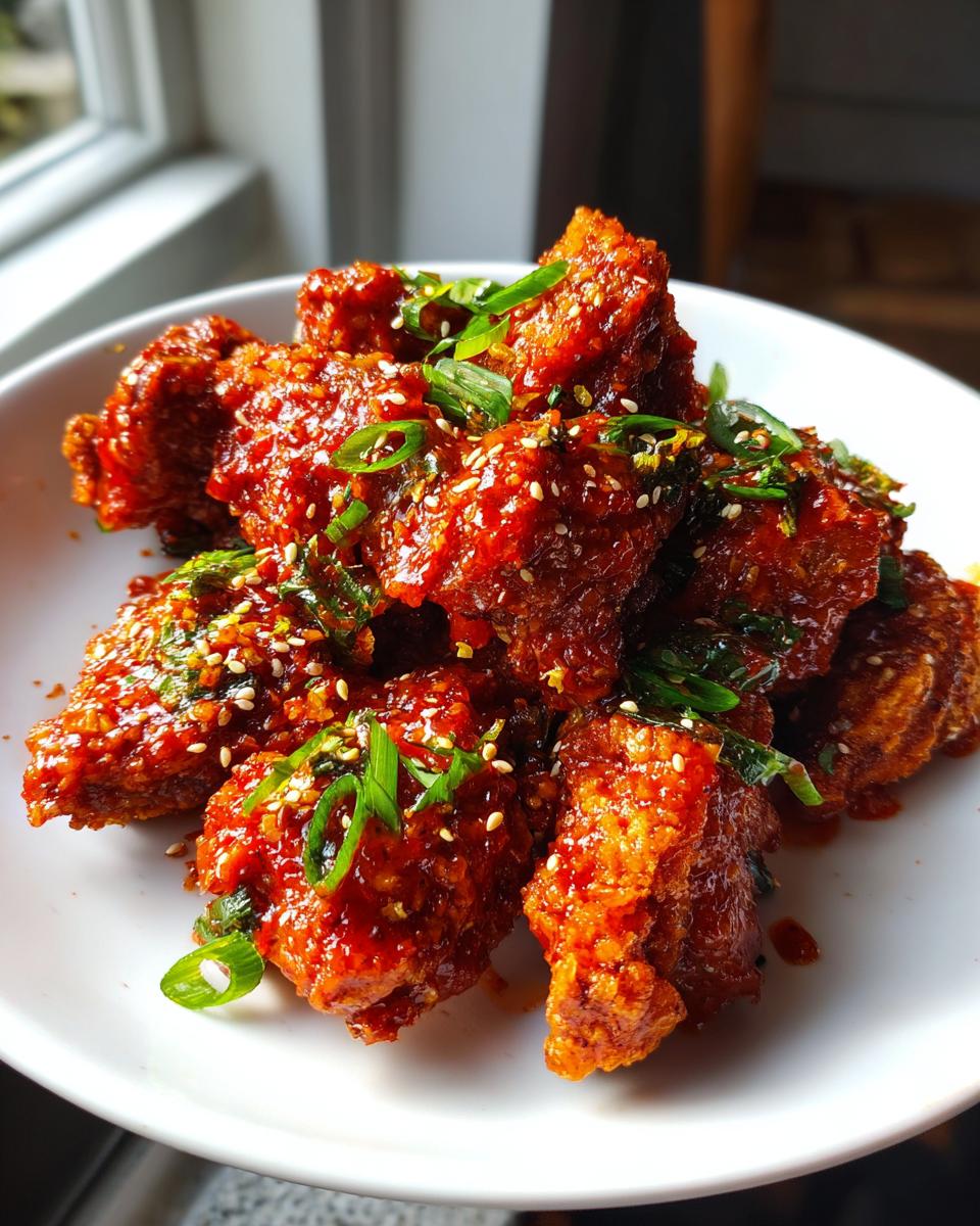 A close-up of crispy korean fried chicken pieces coated in a vibrant red, glossy sauce and topped with scallions and sesame seeds.