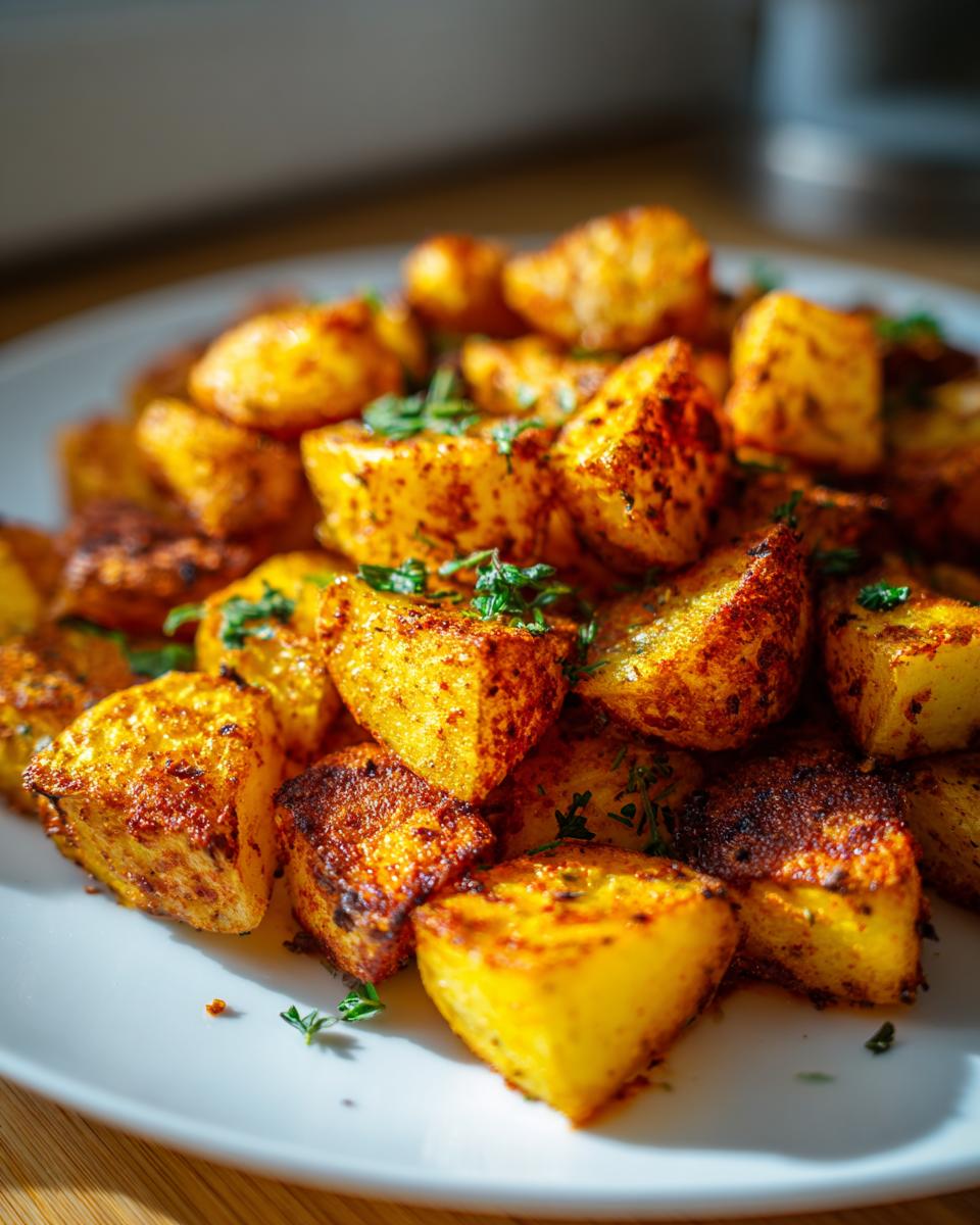 Close-up of perfectly roasted, crispy Mexican potatoes seasoned with spices and topped with fresh parsley.