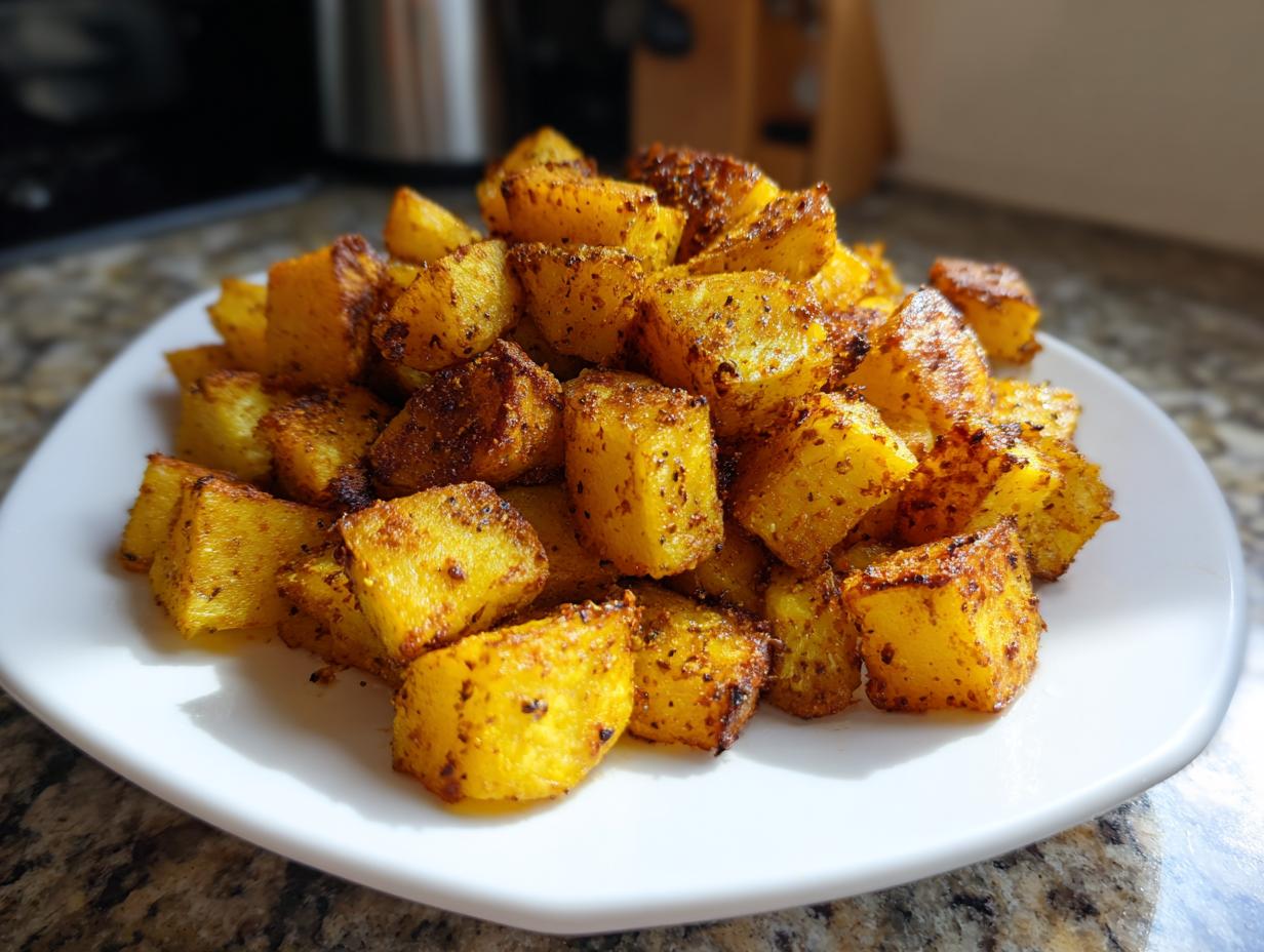 A mound of crispy, golden-brown seasoned mexican potatoes served on a square white plate.