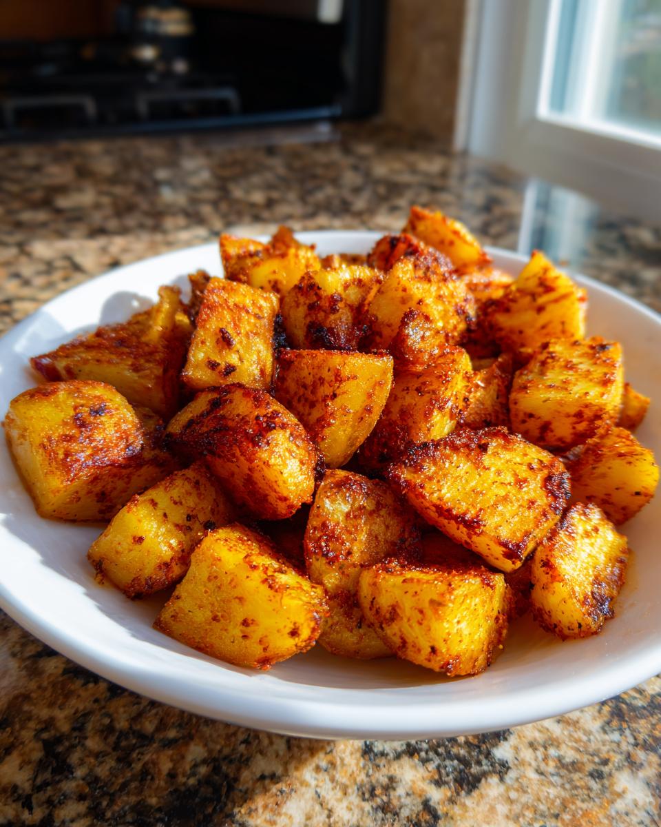 A close-up of crispy, golden-brown Mexican potatoes seasoned with bold spices, served in a white bowl.