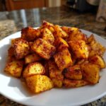 A mound of crispy, golden-brown Mexican potatoes seasoned with bold spices, served on a white plate.