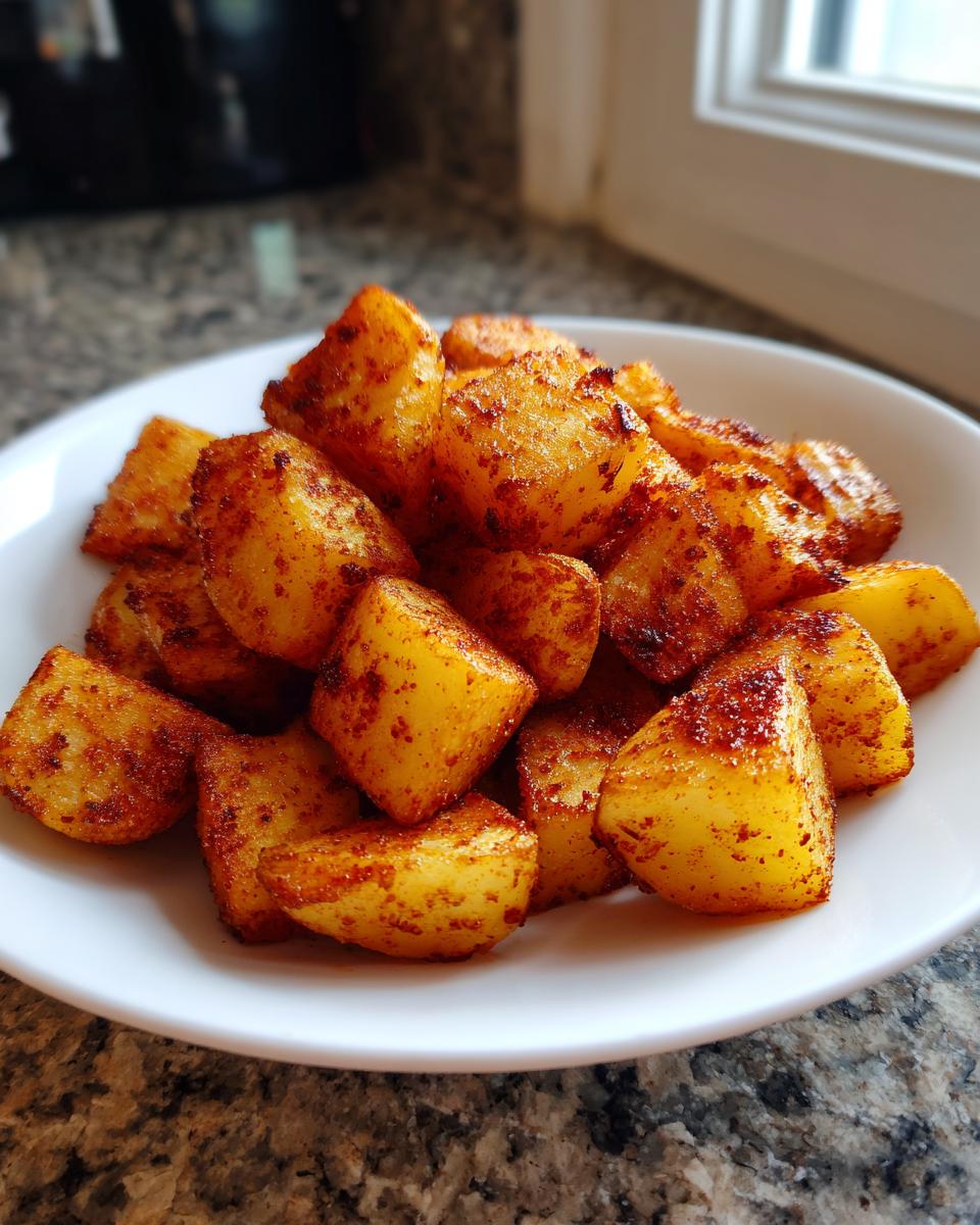 A close-up of crispy, golden-brown Mexican potatoes seasoned with chili powder, served in a white bowl.