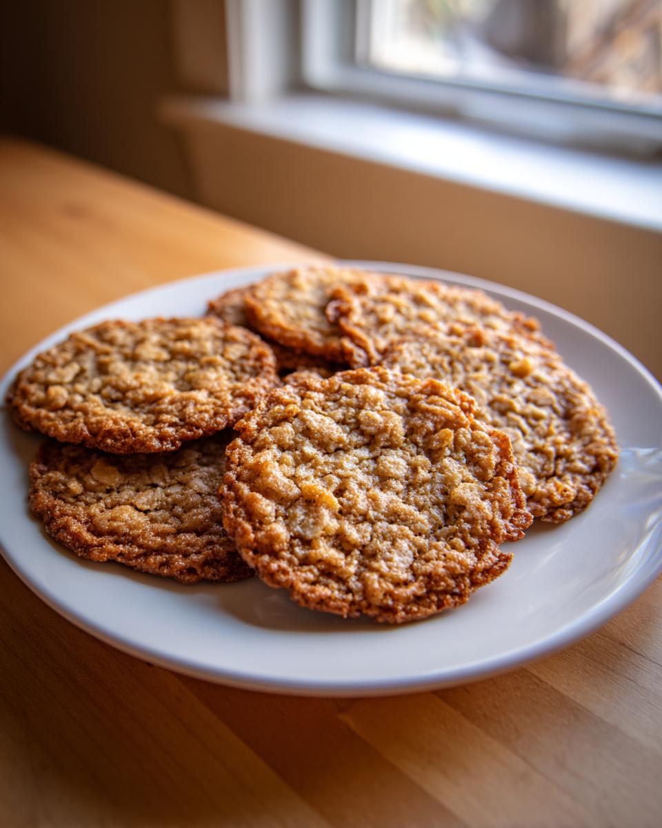 A white plate stacked with several golden brown, crispy oatmeal lace cookies sitting on a wooden surface near a window.