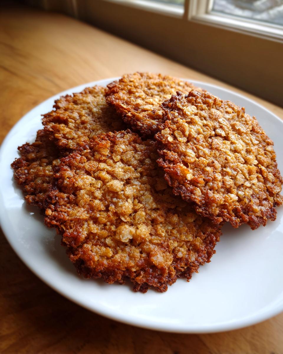 Four golden brown, crispy oatmeal lace cookies stacked slightly on a white plate near a window.