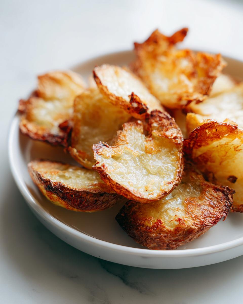 Close-up of golden brown, crispy oven roasted potatoes piled in a white bowl.