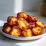 A close-up of perfectly crispy, golden-brown oven roasted potatoes piled high on a white plate.