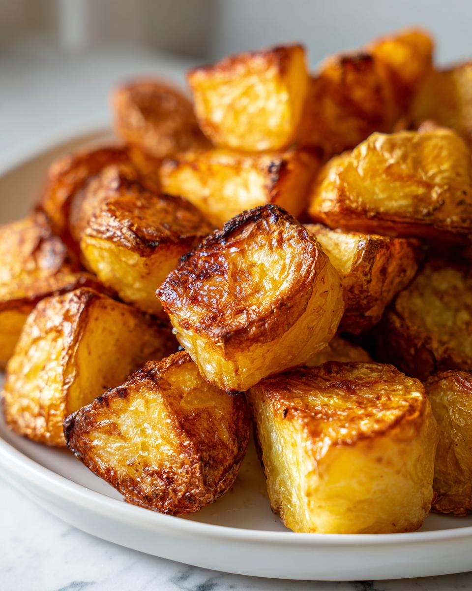 Close-up of golden brown, fluffy oven roasted potatoes piled high on a white plate.