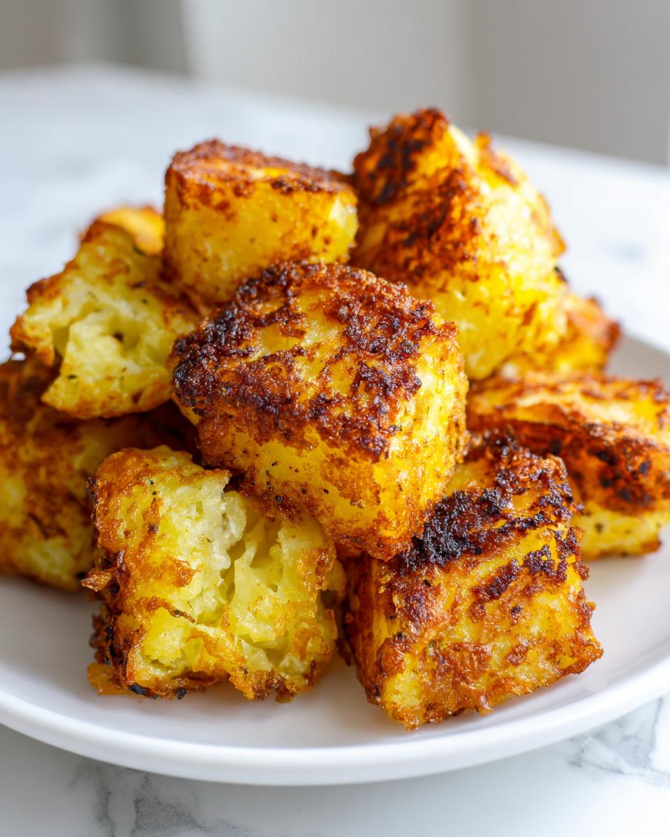 Close-up of golden brown, crispy oven roasted potatoes piled on a white plate.