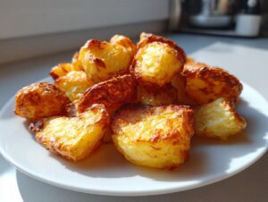A pile of golden brown, crispy oven roasted potatoes served on a white plate, glistening in sunlight.
