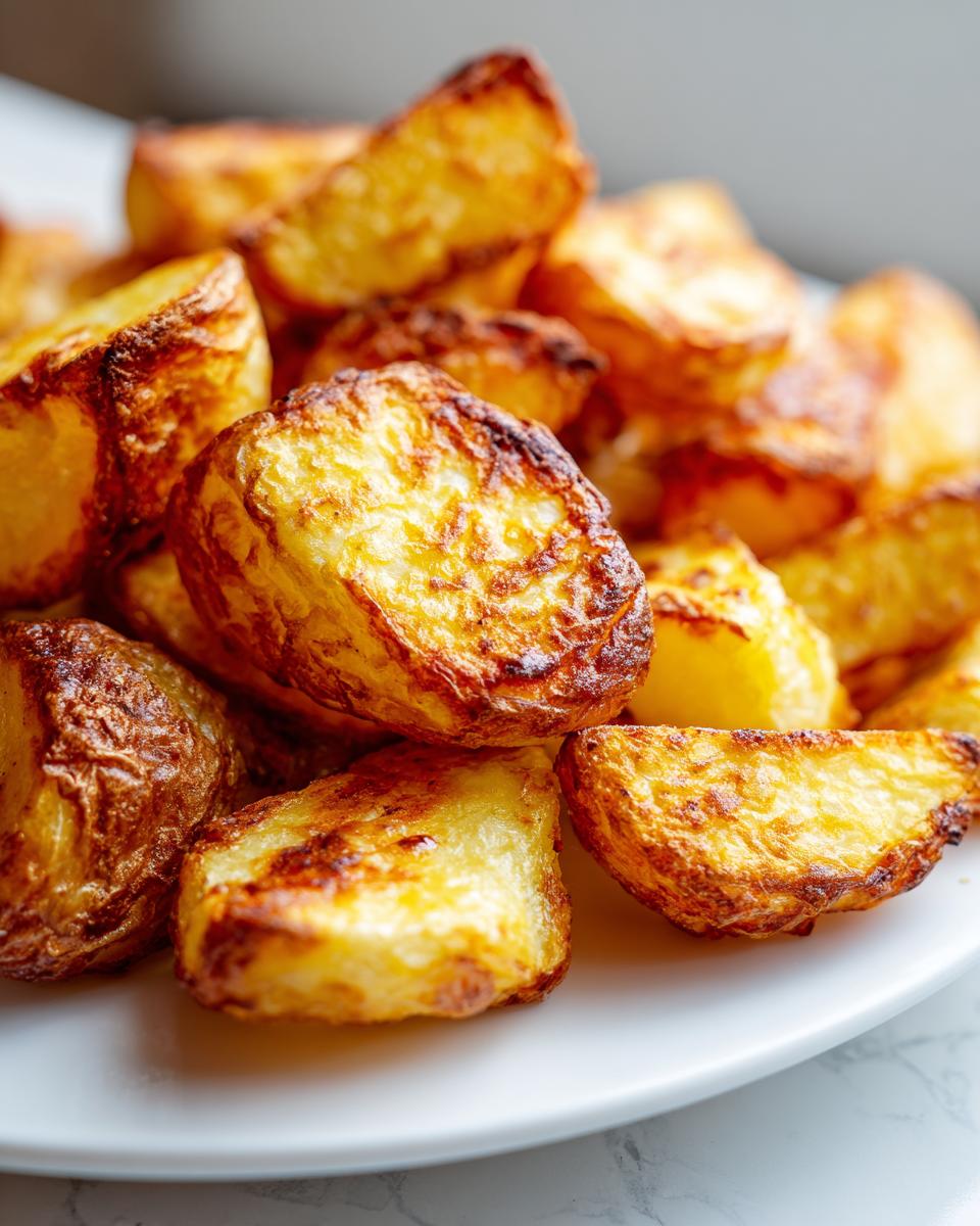 Close-up of golden brown, fluffy oven roasted potatoes piled high on a white plate.