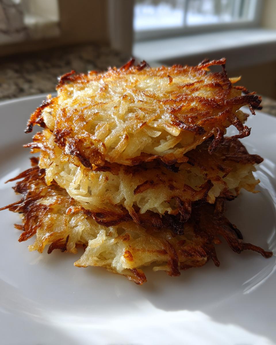 A stack of three golden-brown, crispy potato latkes showing shredded texture.