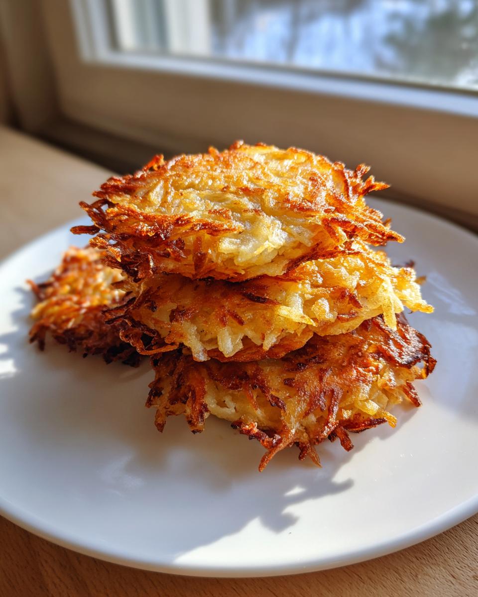 A stack of three golden brown, crispy potato latkes piled high on a white plate.