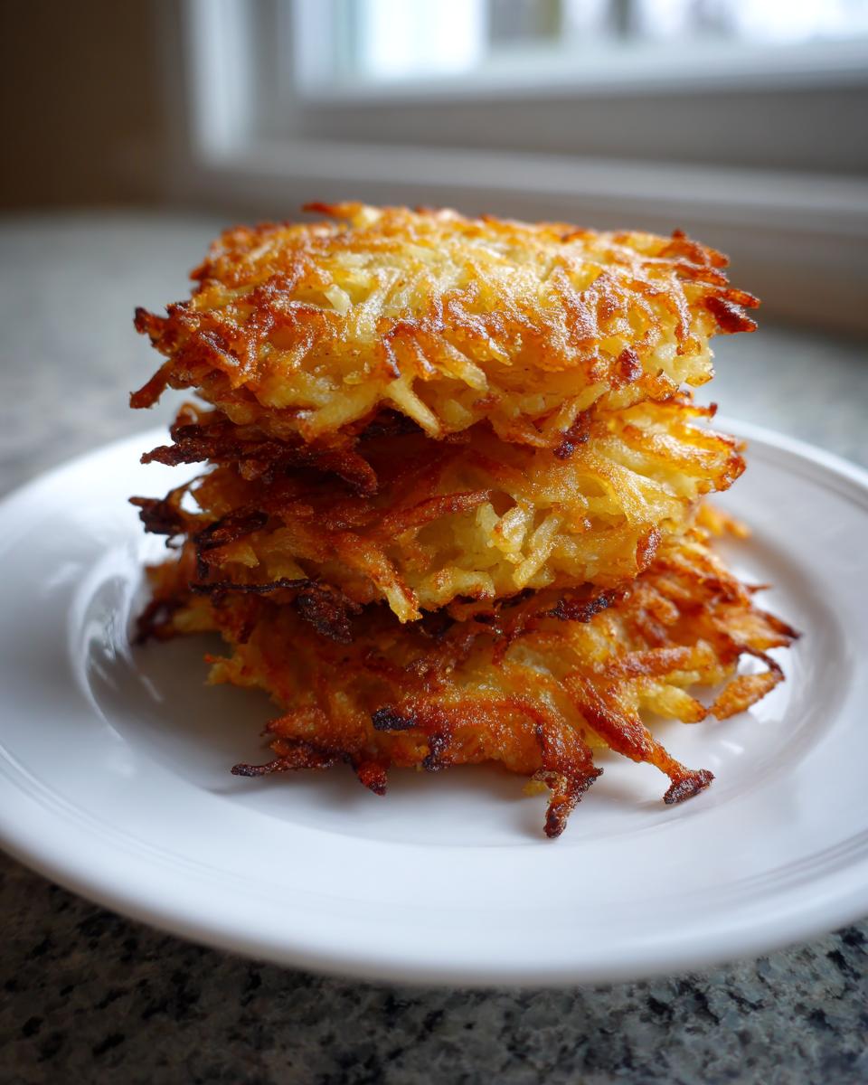 A stack of four golden brown, crispy potato latkes piled high on a white plate.
