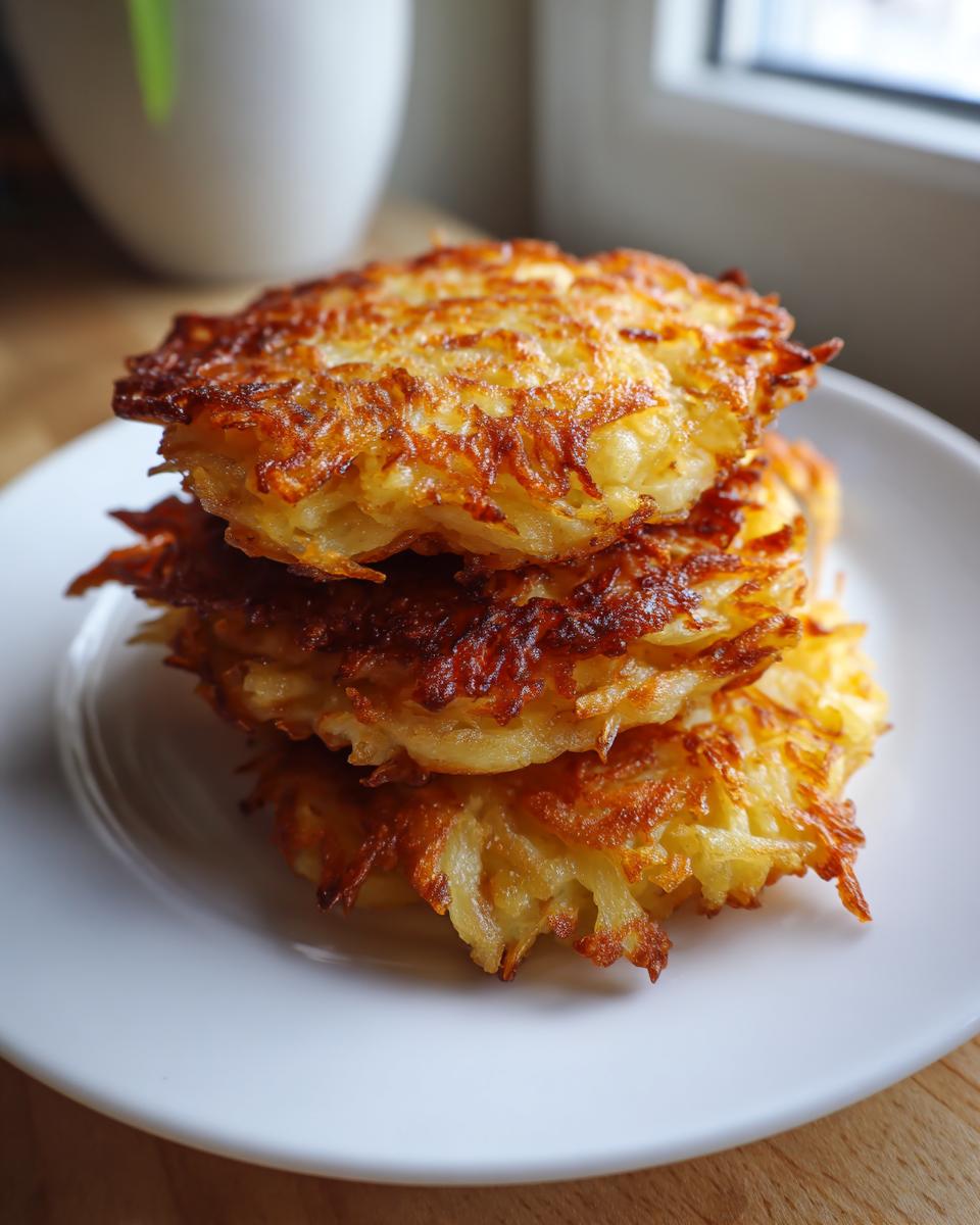 A stack of three golden-brown, crispy potato latkes served on a white plate.