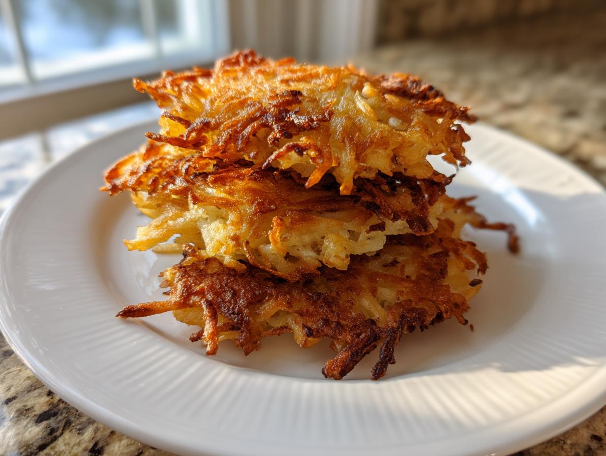 A stack of three golden brown, crispy potato latkes served on a white plate near a window.