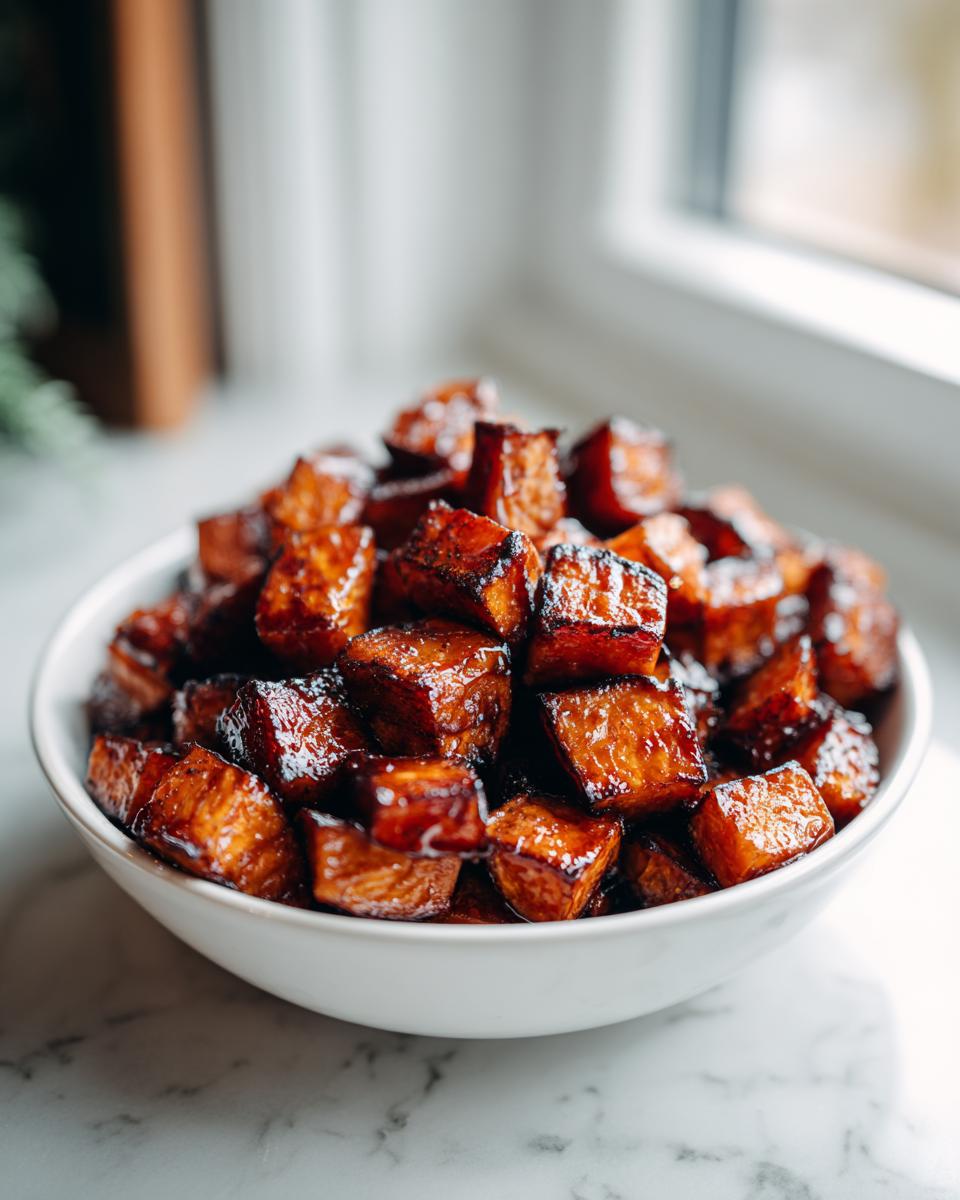 A white bowl filled with glossy, caramelized, crispy roasted sweet potatoes cubes.
