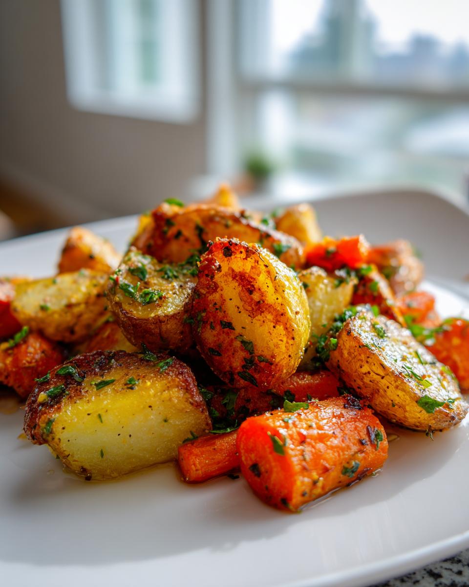 Close-up of perfectly seasoned and crispy roasted potatoes and carrots garnished with fresh parsley.