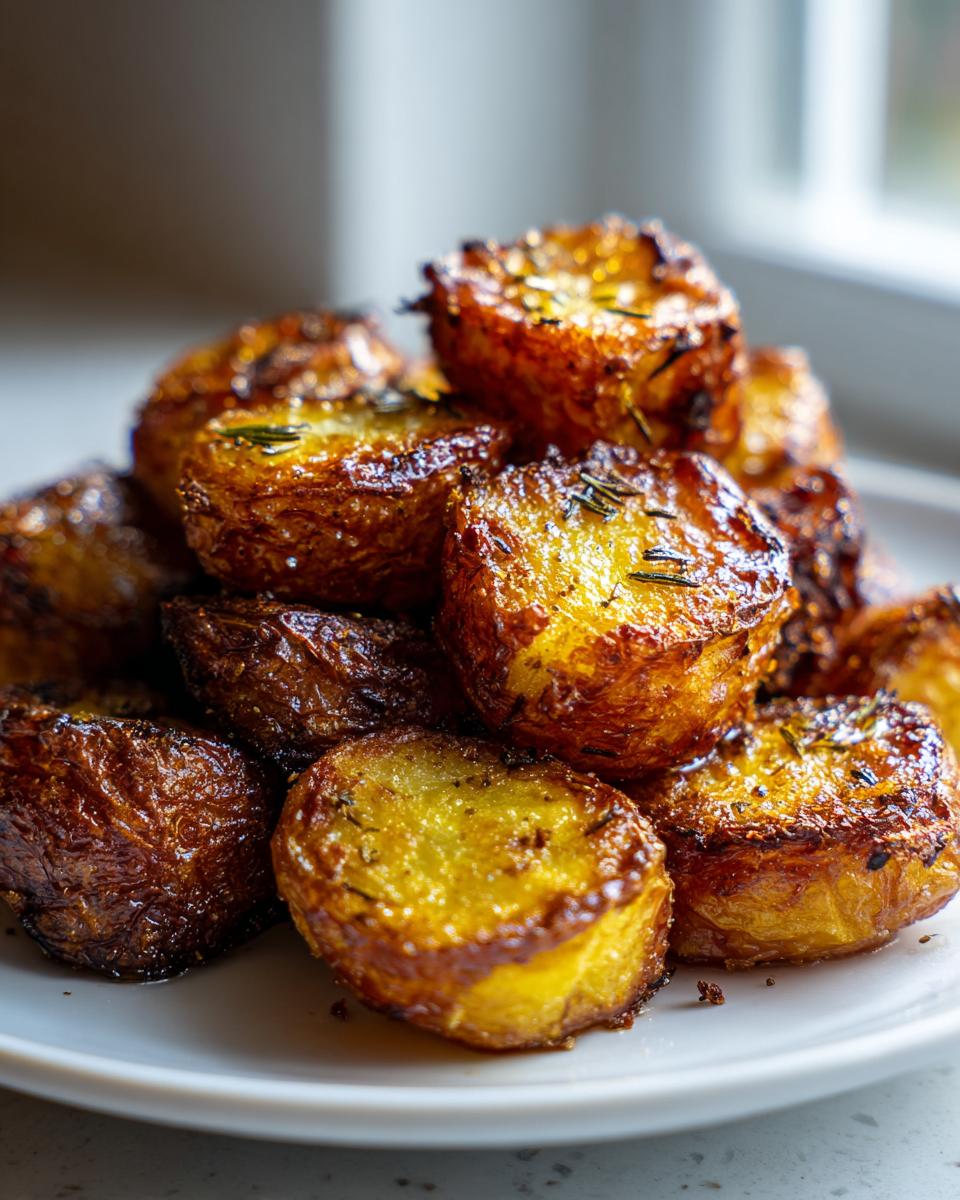 A close-up stack of golden brown, crispy roasted potatoes seasoned with rosemary.