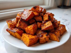 A mound of perfectly caramelized and crispy roasted sweet potatoes cubes piled high on a white plate.
