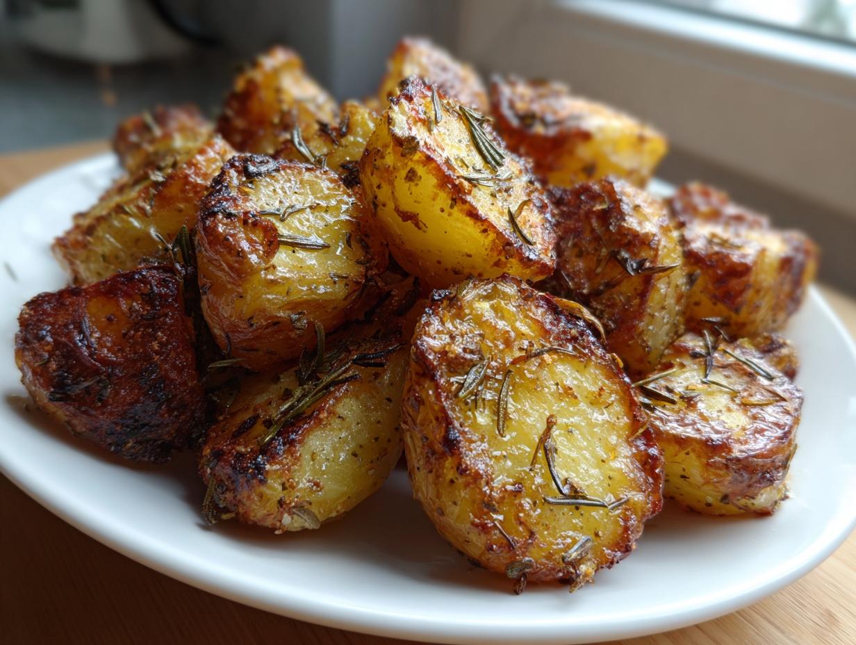 A close-up of golden brown, crispy roasted potatoes seasoned with fresh rosemary on a white plate.