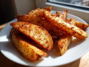 Close-up of golden, seasoned air fryer potato wedges stacked on a white plate, catching sunlight.