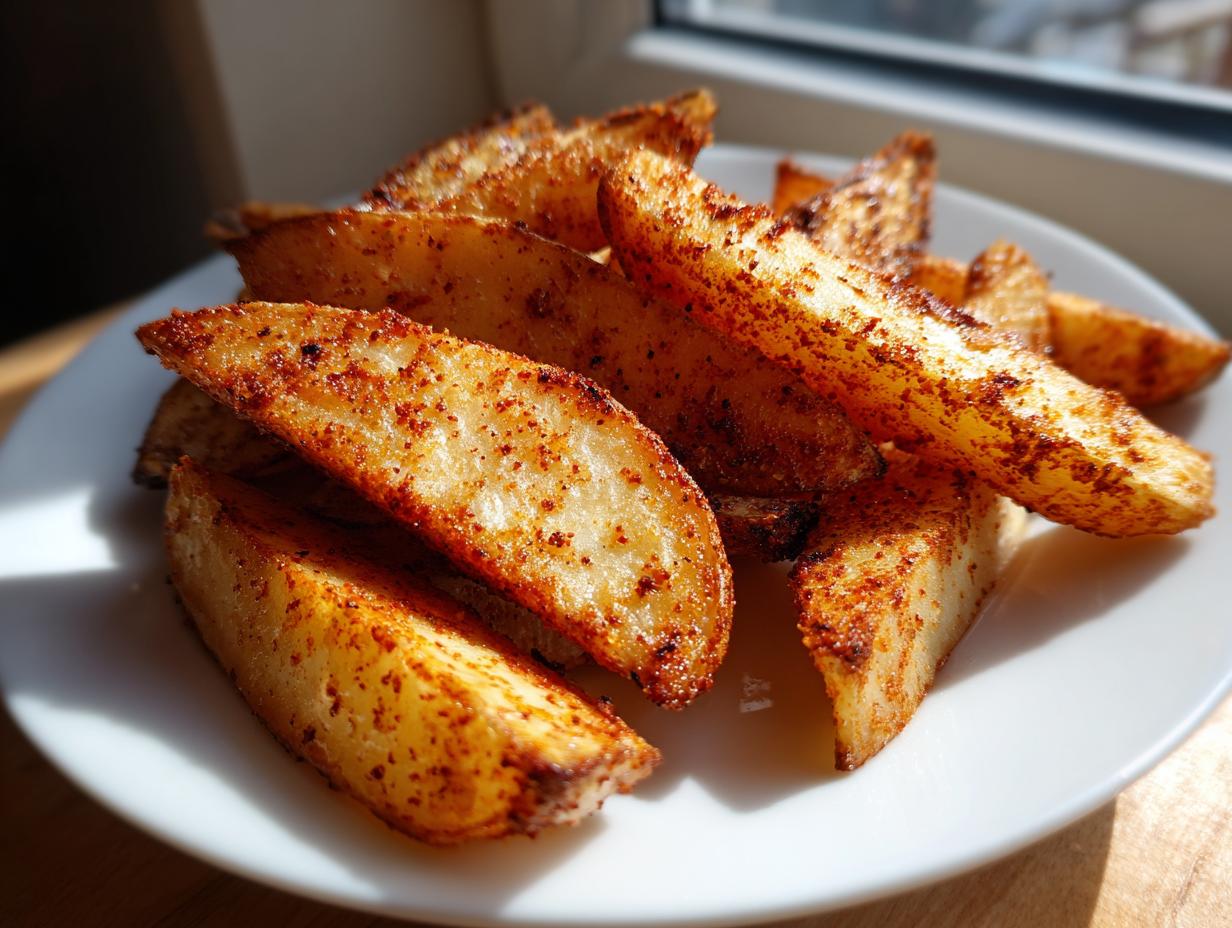 Close-up of golden, seasoned air fryer potato wedges stacked on a white plate, catching sunlight.