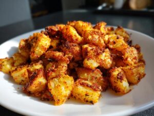 Close-up of golden, crispy, seasoned breakfast potatoes piled high on a white plate.