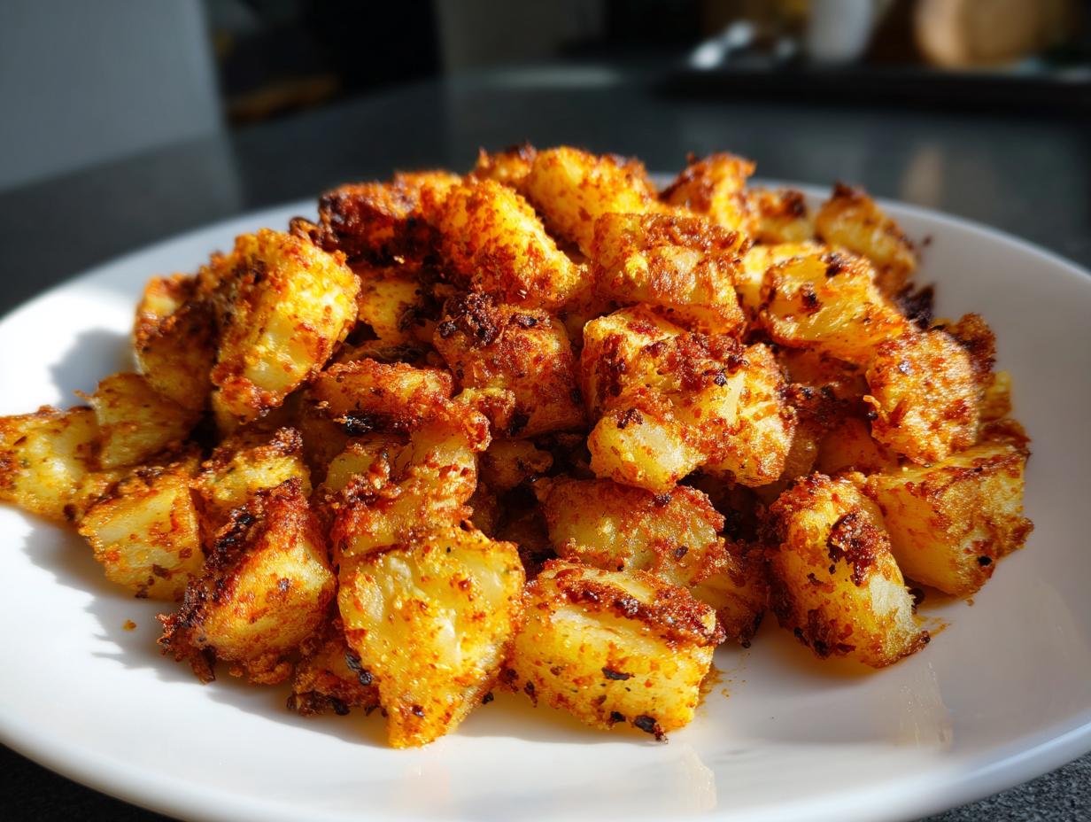 Close-up of golden, crispy, seasoned breakfast potatoes piled high on a white plate.