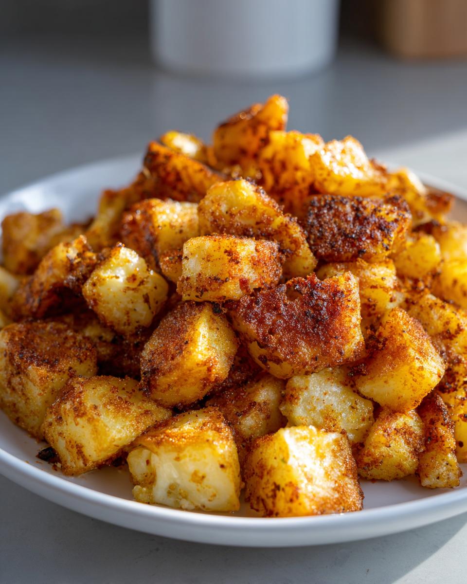 Close-up of golden brown, seasoned breakfast potatoes piled high on a white plate.