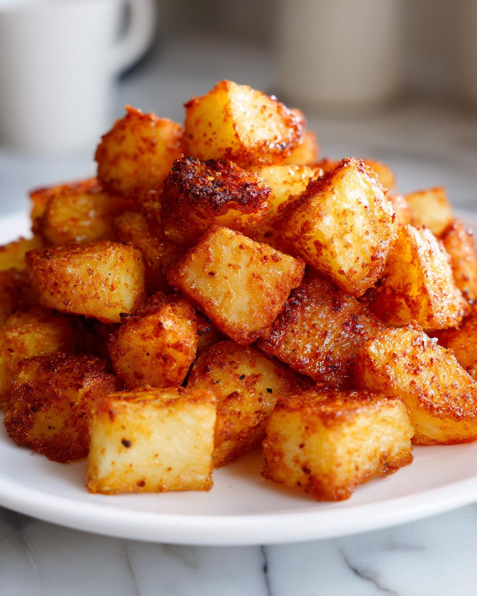 A close-up of a pile of golden brown, cubed, and seasoned breakfast potatoes served on a white plate.