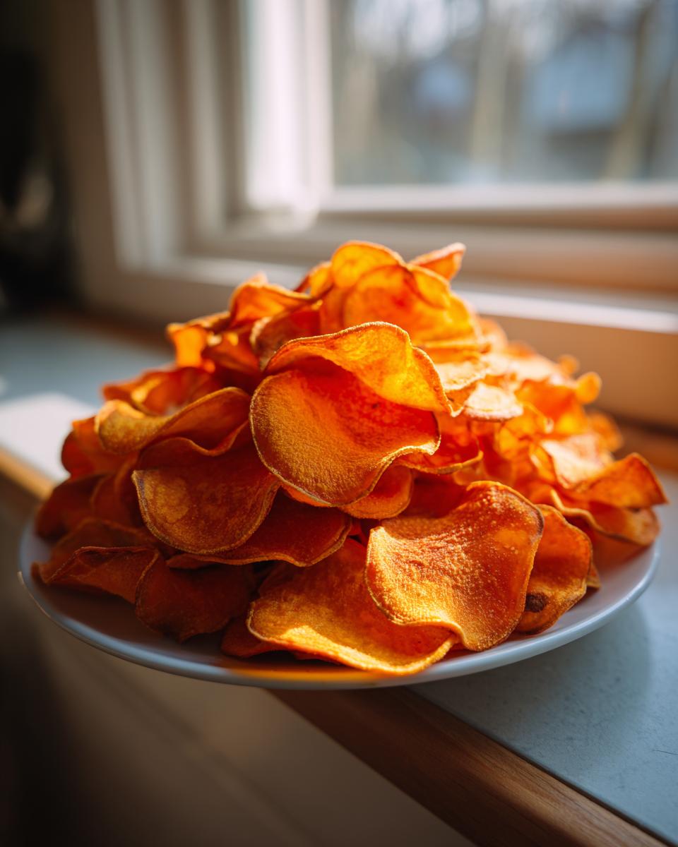 A tall pile of bright orange, crispy sweet potato chips served on a white plate near a sunlit window.