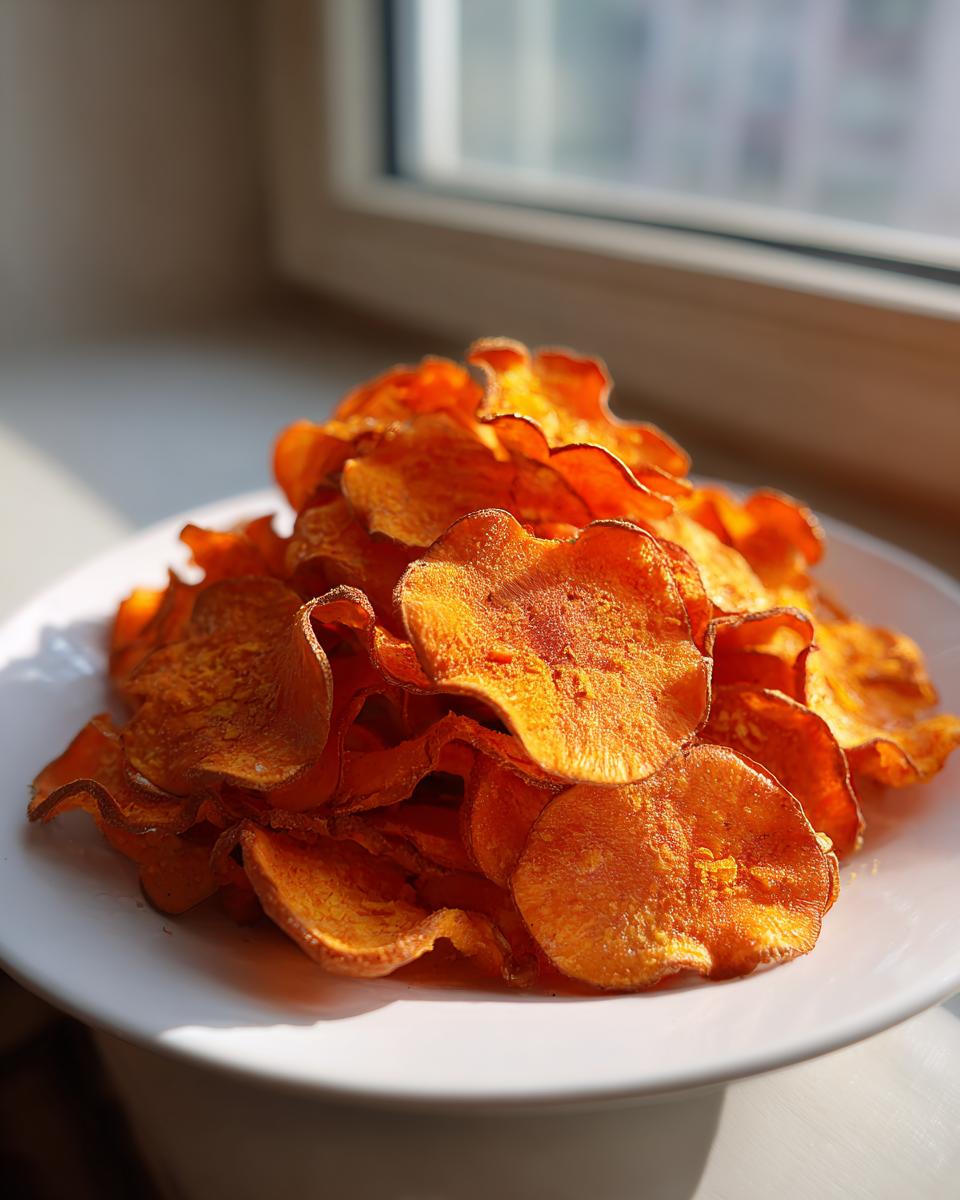 A close-up of a mound of bright orange, crispy homemade sweet potato chips piled high on a white plate near a window.