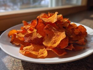 A bright pile of homemade, crispy sweet potato chips served on a white plate, catching sunlight.