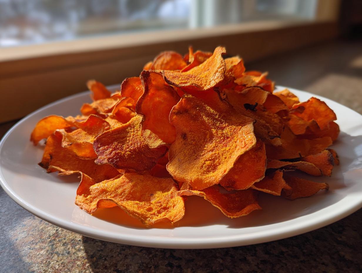 A bright pile of homemade, crispy sweet potato chips served on a white plate, catching sunlight.