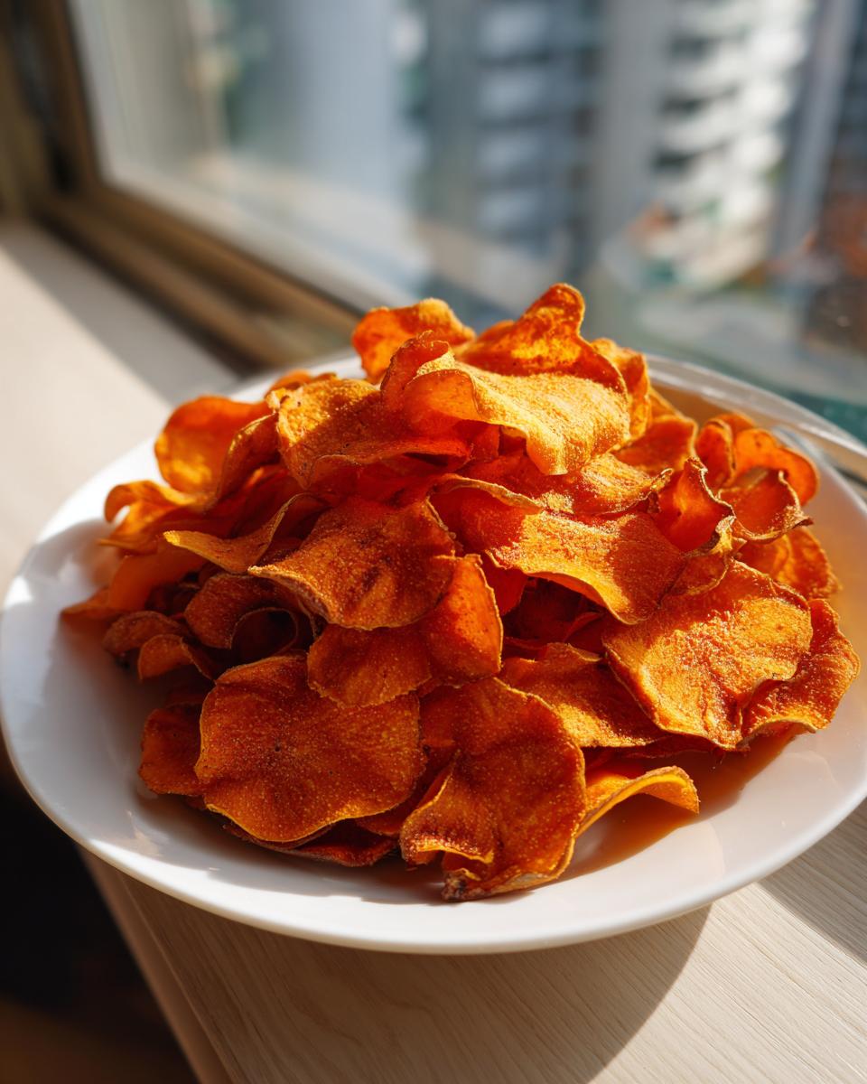A bright, sunlit pile of crispy, orange sweet potato chips served on a white plate near a window.