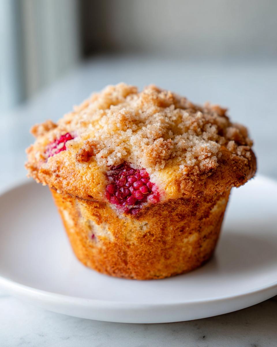 A golden baked raspberry muffin topped with brown sugar streusel, sitting on a white plate.