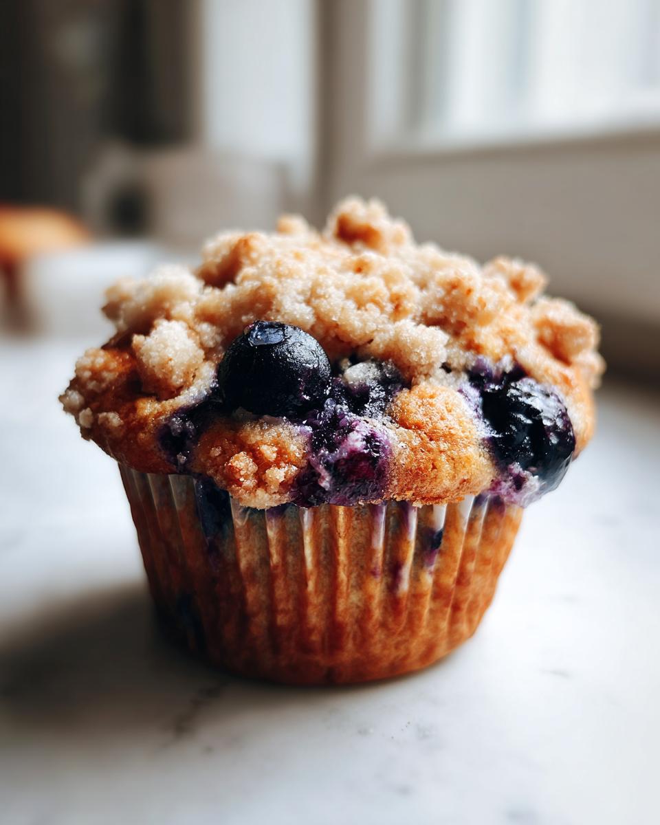A close-up, appetizing photo of a single blueberry muffin topped with streusel and fresh blueberries.