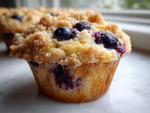 A close-up of a golden brown blueberry muffin topped with streusel and fresh blueberries.